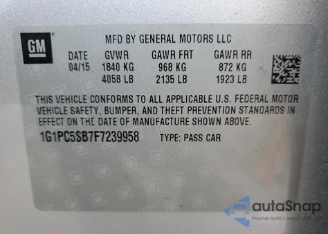 2015 Chevrolet Cruze Lt z USA, uszkodzony, nr VIN 1G1PC5SB7F7239958